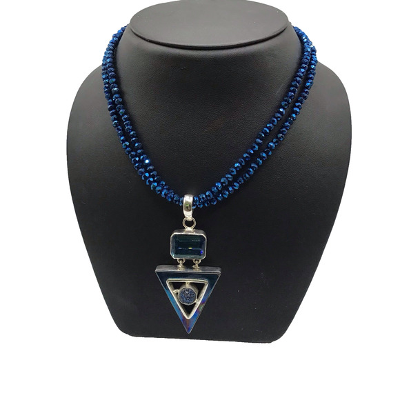 Unknown Jewelry - 925 Sterling Silver Blue Stone Pendant Necklace Beaded Chain Geometric Triangle